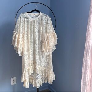 Free People Cream Lace Dress with Ruffle Sleeves